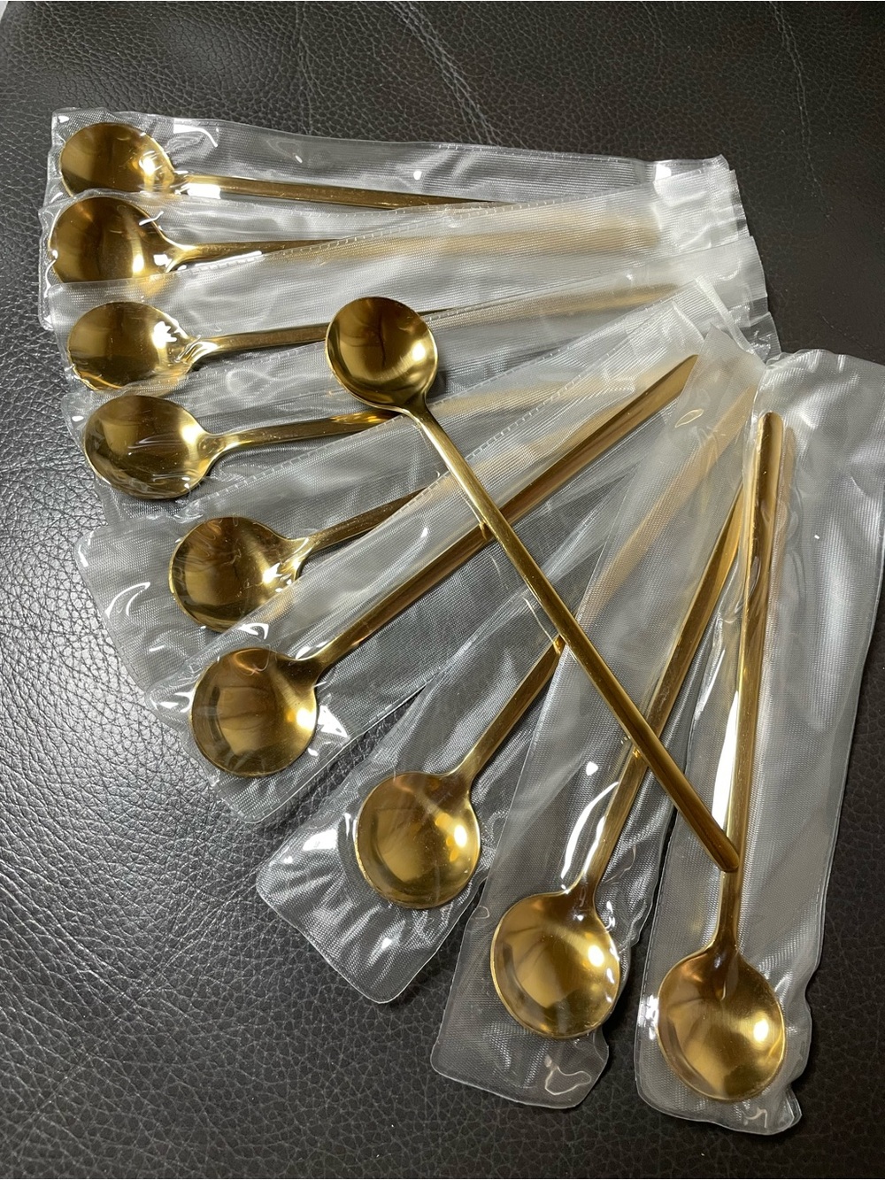 10pc Gold Metal Spoon Set, Glossy Finish, Modern Reusable Flatware